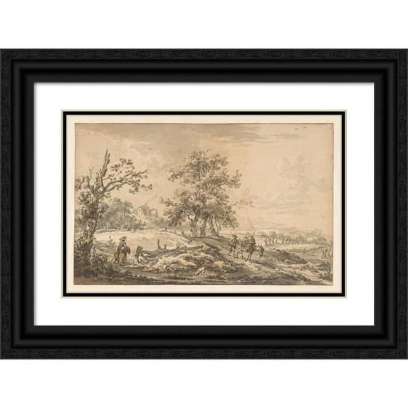 Egbert van Drielst 24x17 Black Ornate Framed Double Matted Museum Art Print Titled: Woman with Child and Man with Donkey in Landscape (1755 - 1818)