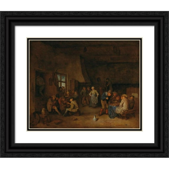 Egbert van Heemskerck I 14x12 Black Ornate Wood Framed Double Matted Museum Art Print Titled: A Tavern Interior with Peasants Playing Triktrak