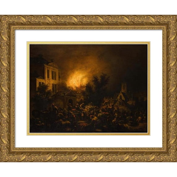 Egbert van der Poel 18x14 Gold Ornate Wood Frame and Double Matted Museum Art Print Titled - Fire in the City (1654-1664)