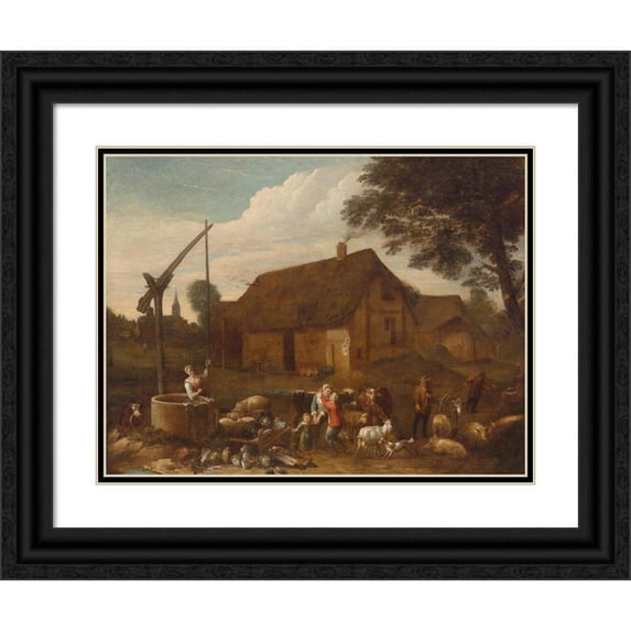 Egbert van der Poel 24x19 Black Ornate Framed Double Matted Museum Art Print Titled: In a Farmyard