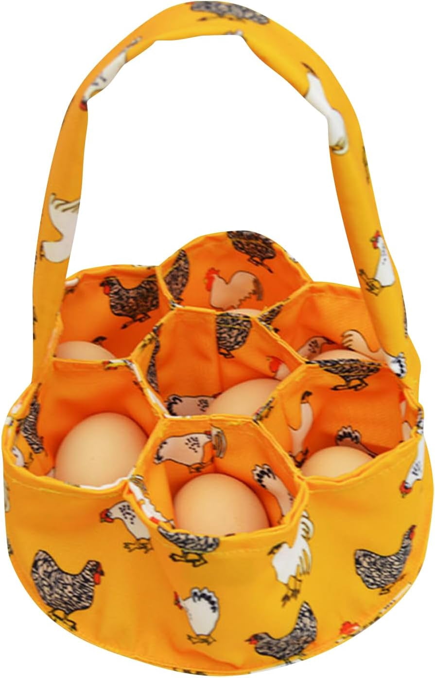 Egg Basket Canvas Collecting Holder with 7 Pouches, Extended Handle, Farm Fresh Carrier for Chicken Duck Goose Eggs, Orange