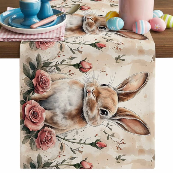 Egg Bunny Table Runner, Retro Rose Cotton Linen Kitchen Table Decoration Washable Dining Tabletop Runners for Home Party Decor 13x36 Inches