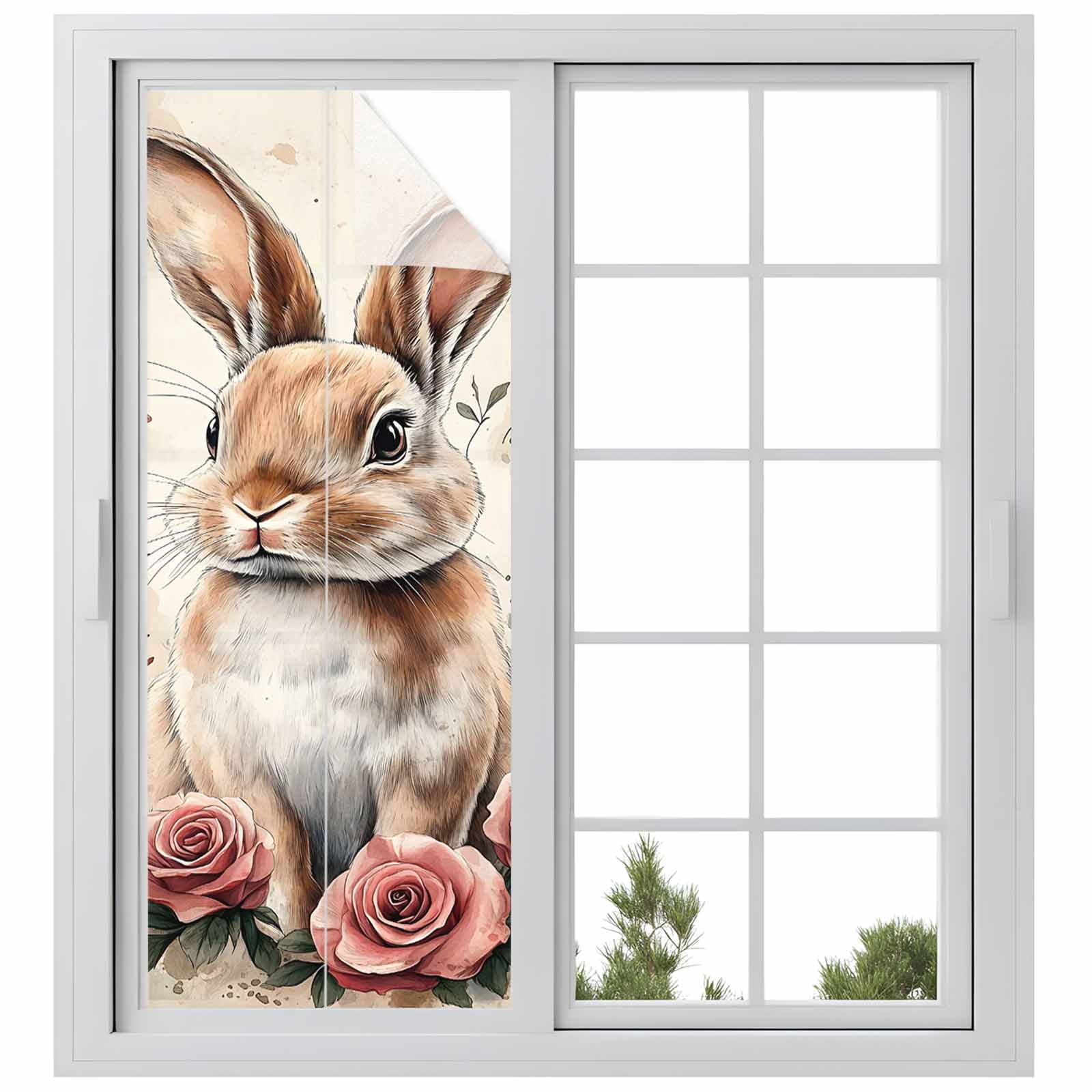 Egg Bunny Window Privacy Film, Retro Rose Frosted Glass Window Clings Static Cling UV Heat Blocking Reusable Door Sticker for Bathroom 23.6 x 59 Inch