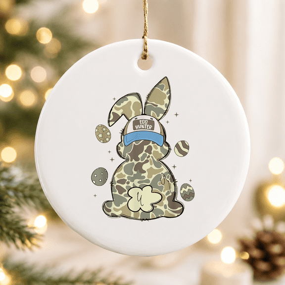Egg Bunny with Cap Camo Hunting Happy Easter Day Christmas Ornament, Outdoor Lover Holiday Gift, Ceramic Ornament