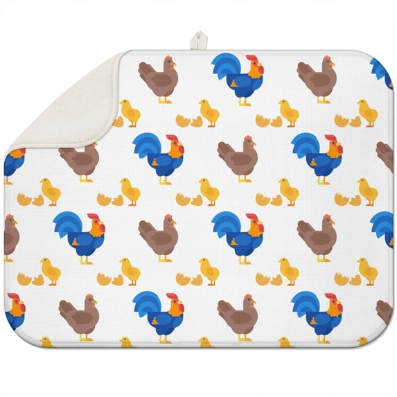 Egg Cartoon Farm Chicken Drying Mat - Super Absorbent Microfiber Dish Drying Pad for Kitchen Counter - Foldable Heat Resistant Mat with Rooster Print Design
