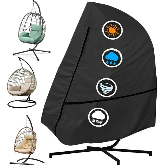 Patio Hanging Egg Chair Cover Single Seat, 600D Heavy Duty Waterproof Outdoor Wicker Swing Egg Chair with Stand Protector Fits up to 75L x 45W Inch