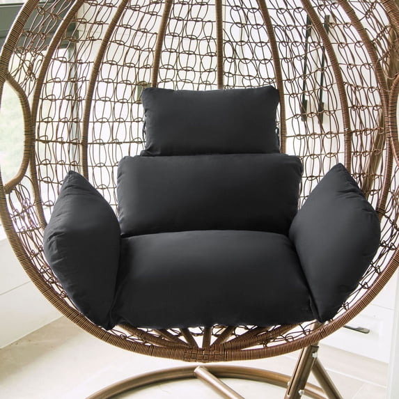 Egg Chair Cushion with 8 Securing Straps, Water-Repellent & Fade-Resistant Faux Linen, Removable Cover, Replacement Cushion for Most Single Outdoor Hanging Swing Egg Chairs – Black