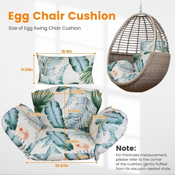 Egg Chair Cushion, Hanging Basket Hammock Seat Cushion, Thick Soft Egg Swing Chair Pad with Headrest for Porch Furniture Outdoor (Beige Blue Leaf, 45.28x49.21x5.5in)
