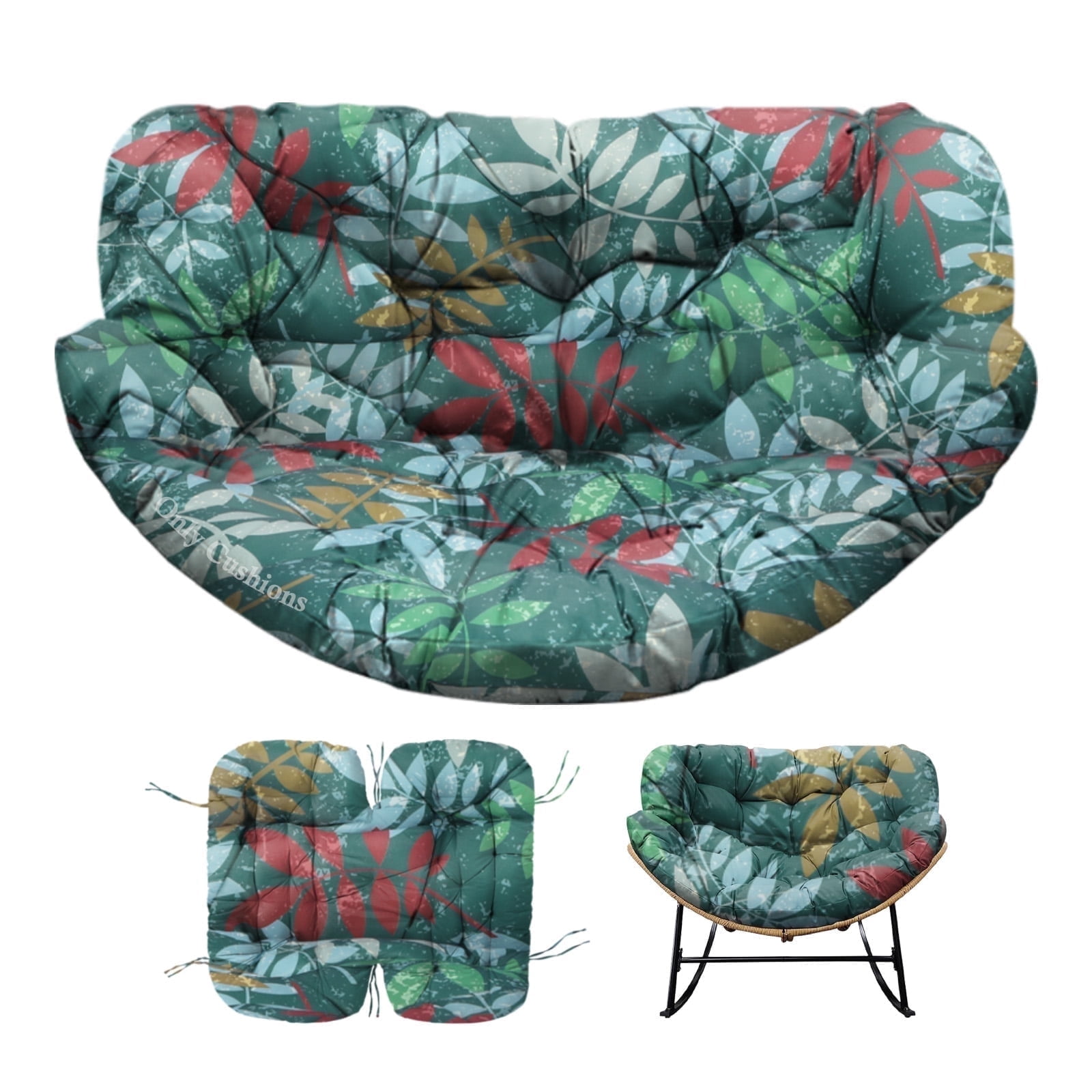 Egg Chair Cushion Replacement Waterproof – Outdoor Rocking Chair Cushions 6.3" Thick UV Resistant with 6 Straps for Patio, Balcony, Garden, Green Flower