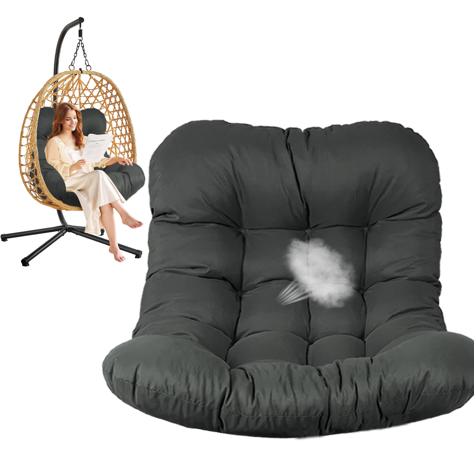 Egg Chair Cushion Replacement, Waterproof Hanging Basket Seat Cushion, U-Shape Swing Chair Cuhsion 37x49 Inches for Indoor Outdoor Patio Porch Furniture (Only Cushion)