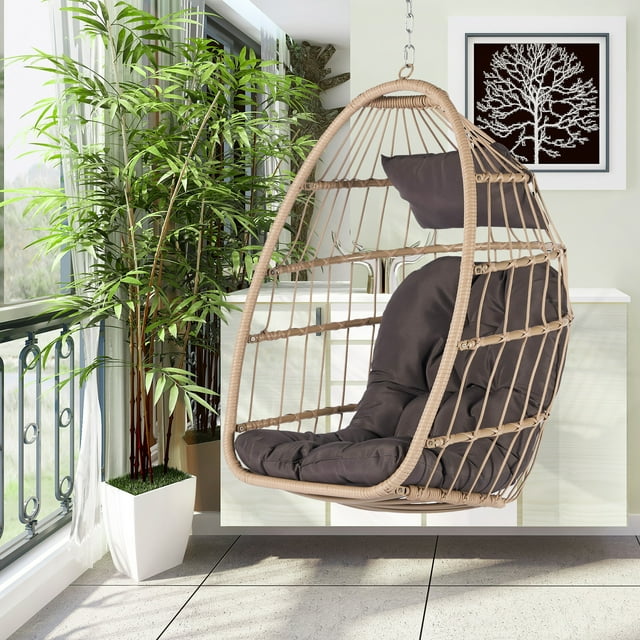 Egg Chair with Hanging Chains, SYNGAR Outdoor All Weather Wicker Hanging Hammock Chair with Dark Gray Cushions, Patio Foldable Basket Swing Chair, for Porch, Balcony, Backyard, Garden, Bedroom, D7708