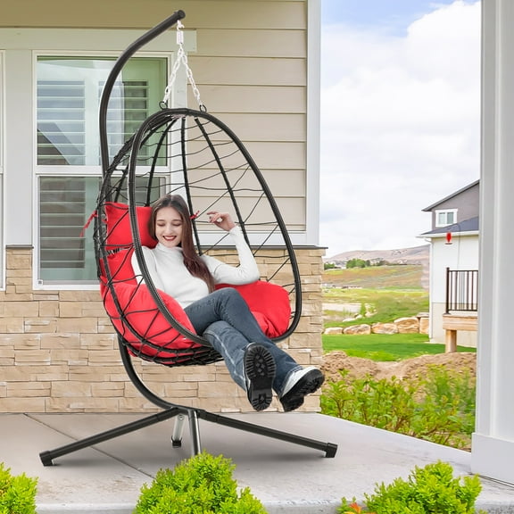 Egg Chair, Indoor Outdoor Patio Wicker Hanging Chair with Stand, Hanging Swing Chair w/ Cushion, Durable All-Weather UV Rattan Lounge Chair for Bedroom, Patio, Deck, Yard, Garden, 350lbs, Red, SS1953