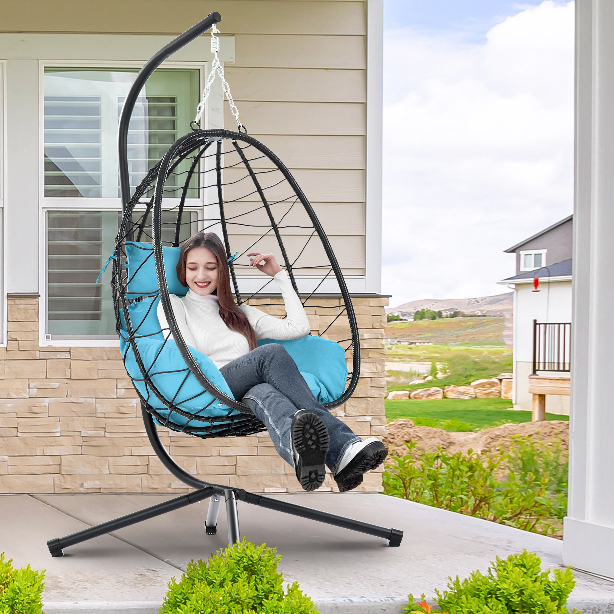 Egg Chair, Indoor Outdoor Patio Wicker Hanging Chair with Stand, Hanging Swing Chair w/ Cushion, Durable All-Weather UV Rattan Lounge Chair for Bedroom, Patio, Deck, Yard, Garden, 350lbs, Blue, SS1968 - image 1 of 9