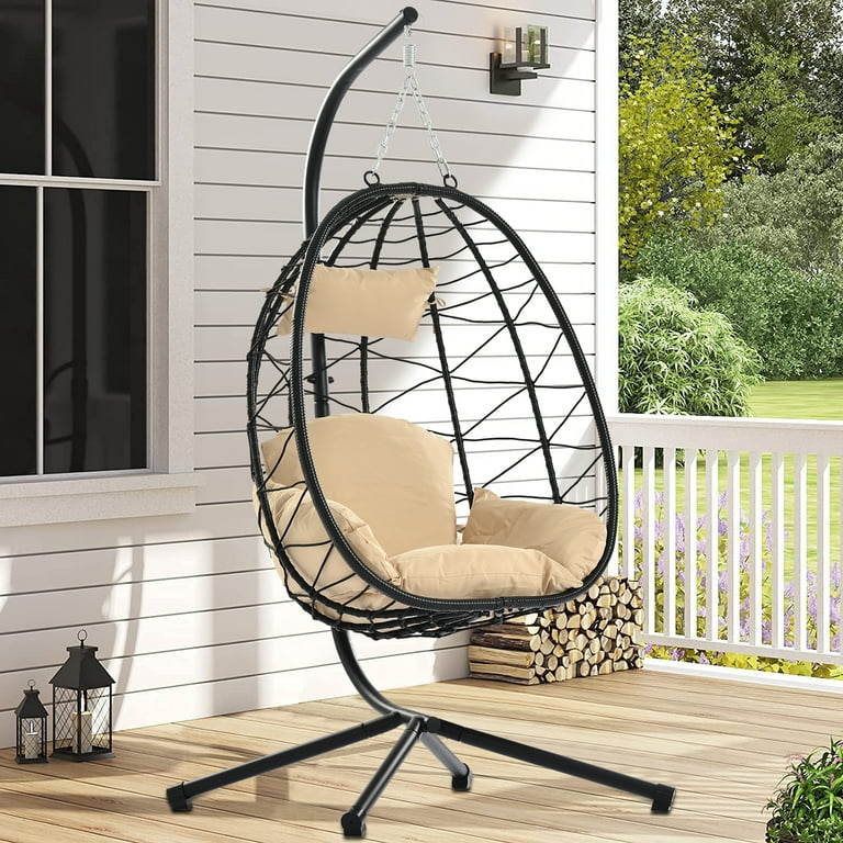 Egg Chair Outdoor Wicker Egg Chair with Stand Patio Swing Chair Hammock Basket Chair with Removable Cream Cushion All weather Rattan Egg Chair for