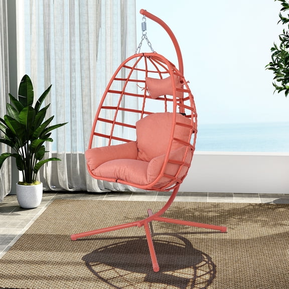 Egg Chair Outdoor with Stand, Indoor Wicker Hanging Egg Swing Chair with Cushion & Headrest, 350lbs Capacity for Patio, Bedroom