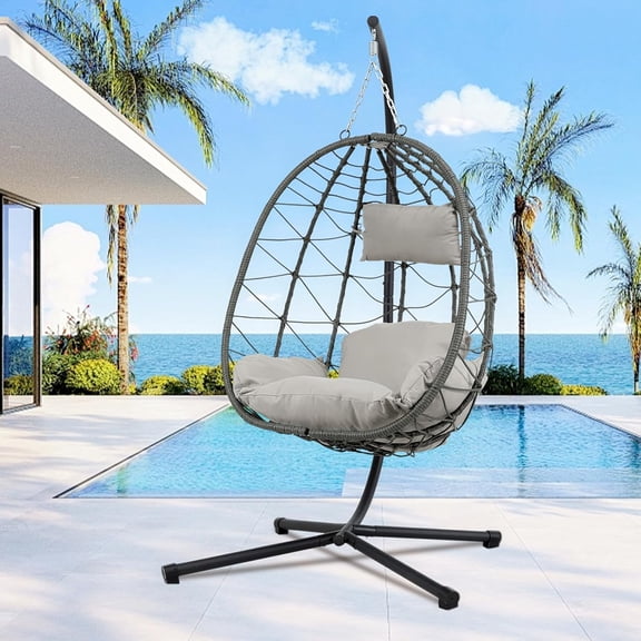 Egg Chair with Stand Egg Chair Indoor Outdoor, Patio Swing Hammock Egg Chairs, UV Resistant Removable &Washable Thicken Padded Cushions, 350LBS Capacity for Bedroom, Balcony, Garden, Grey