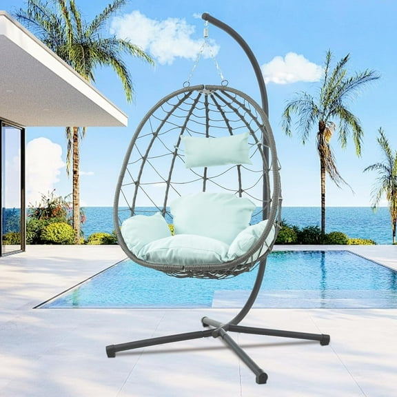 Egg Chair with Stand Egg Chair Indoor Outdoor, Patio Swing Hammock Egg Chairs, UV Resistant Removable &Washable Thicken Padded Cushions, 350LBS Capacity for Bedroom, Balcony, Garden, Blue
