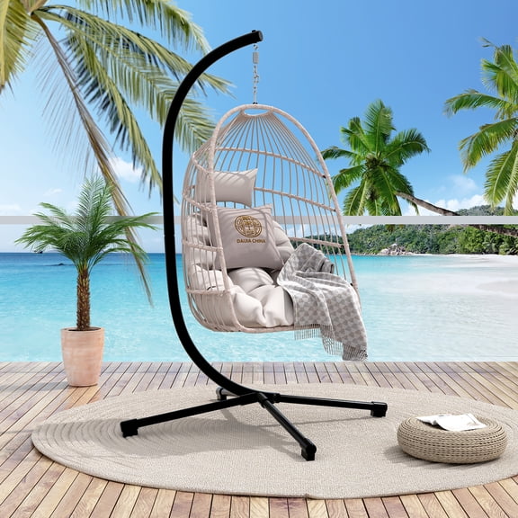 Egg Chair with Stand, Foldable Hanging Swing Chair with Cushions & Pillow, HDPE Rattan & Aluminum-Steel Frame, 350lbs Capacity All-Weather Indoor/Outdoor Use for Patio, Balcony, Bedroom, Light Gray