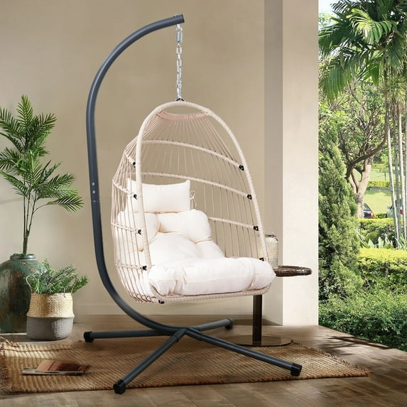 Egg Chair with Stand, Foldable Hanging Swing Chair with Cushions & Pillow, HDPE Rattan & Aluminum-Steel Frame, 350lbs Capacity All-Weather Indoor/Outdoor Use for Patio, Balcony, Bedroom, Off White