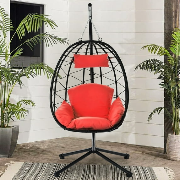Egg Chair with Stand, Hanging Chair Swing Chair with Stand and Soft UV Resistant Cushions, Wicker Egg Chair Hammock Chair for Patio Porch Bedroom Indoor Outdoor, Red, LJ3817