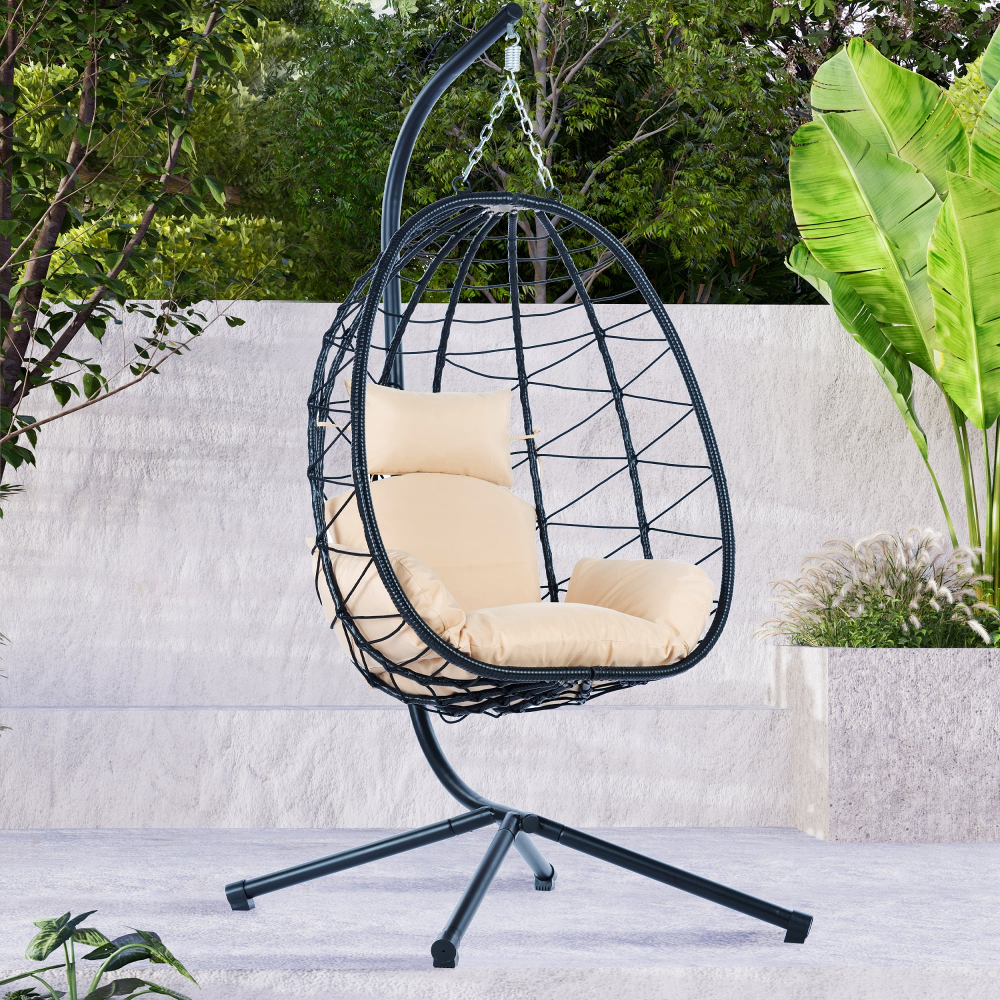 Egg Chair with Stand, Indoor Outdoor PE Wicker Hanging Egg Chair, Patio Swing Chair Basket Chair Hammock Chair with Stand for Bedroom Living Room Balcony, Beige