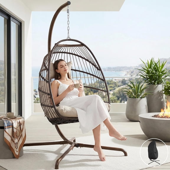Egg Chair with Stand Indoor Outdoor, Patio Wicker Hanging Chair with Cushion, Swing Hammock Egg Shell Chairs, 350lbs Capacity Swinging Chair for Backyard, Balcony or Porch, Brown with Cover