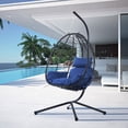 thumbnail image 1 of Egg Chair with Stand Indoor Outdoor Swing Egg Chair, Patio Wicker Swing Egg Chair with Cushion Headrest and Aluminum Steel Frame for Patio Bedroom Balcony, Navy Blue, 1 of 8