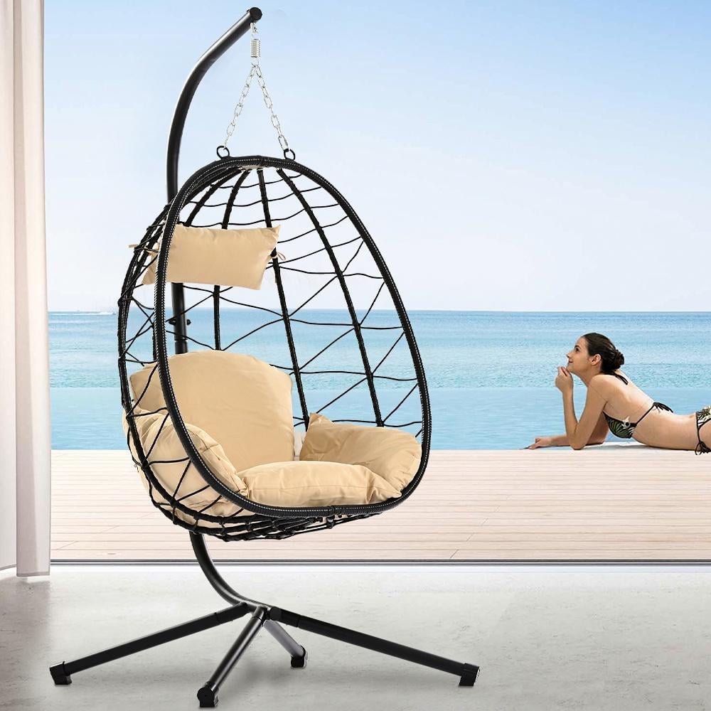 Rattan Hanging Egg Chair with Stand UV Resistant Cushion Indoor Outdoor Patio Swing 300lbs Capacity Walmart