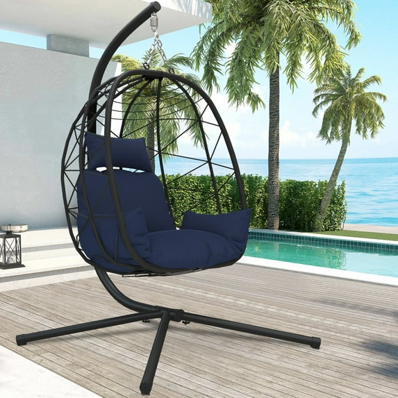 Egg Chair with Stand, Patio Wicker Hanging Chair, Egg Chair Hammock Chair with UV Resistant Cushion and Pillow for Indoor Outdoor, Patio Backyard Balcony Lounge Rattan Swing Chair, JA2832
