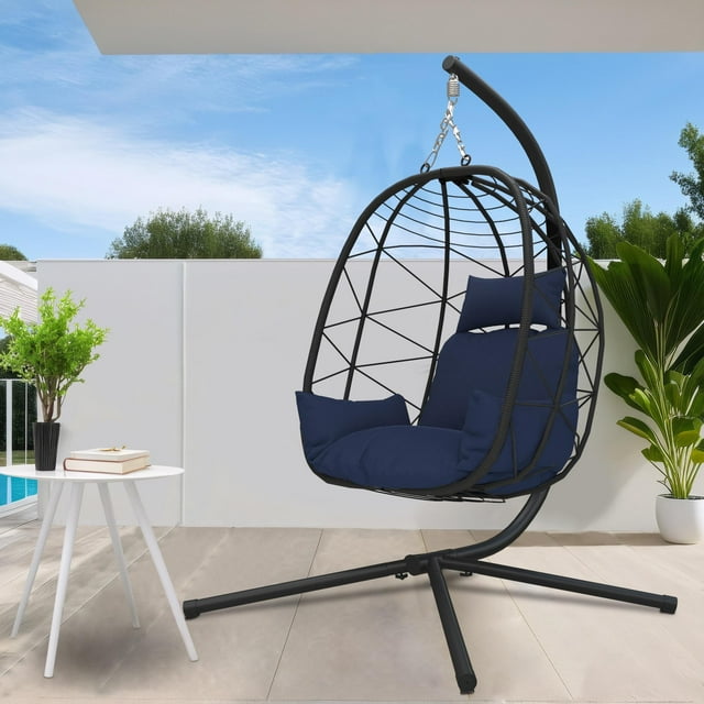 Egg Chair with Stand, Patio Wicker Hanging Chair, Egg Chair Hammock Chair with UV Resistant Cushion and Pillow for Indoor Outdoor, Patio Backyard Balcony Lounge Rattan Swing Chair, JA2832