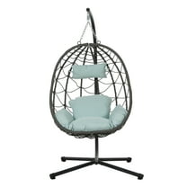 Egg Chair with Stand, Patio Wicker Swing Egg Chair with Cushion Headrest, Outdoor Hammock Hanging Chair 300LBS Capacity for Porch, Balcony, Bedroom, Living Room (Light Blue)