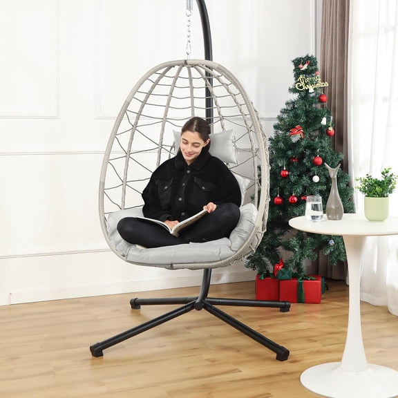 Egg Chair with Stand, Swing Chair Hanging Chair Nest Basket, UV Resistant Removable & Washable Cushions,350LBS Capacity for Bedroom, Balcony, GardenBE-LG