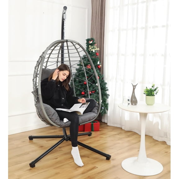 Egg Chair with Stand, Swing Chair Hanging Chair Nest Basket, UV Resistant Removable & Washable Cushions, 350LBS Capacity for Bedroom, Balcony, Garden(GR - GR)