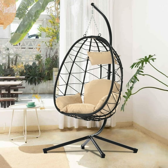 Egg Chair with Stand, Wicker Swing Chair, Patio Hammock Chair with Soft Cushion, Indoor Outdoor Balcony Bedroom Basket Hanging Lounge Chair, Heavy Duty Frame for 300 lbs Weight Capacity, Beige, D6505