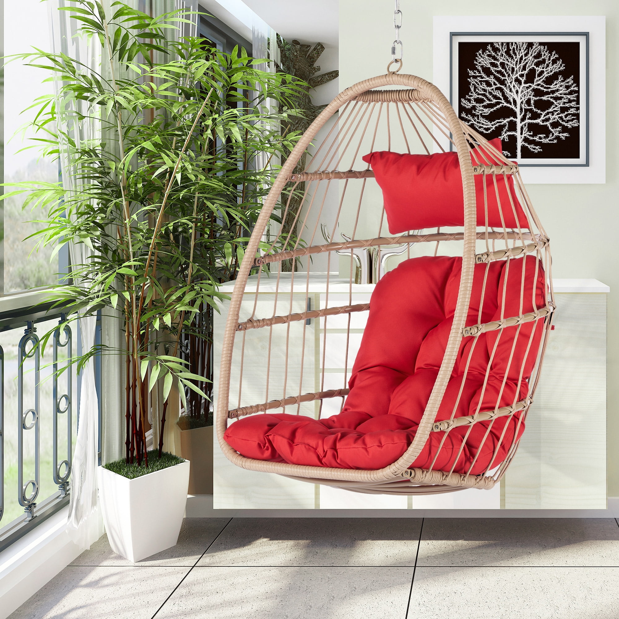 Egg Chair, Swing Chair with Hanging Chains, Outdoor PE Wicker Hanging