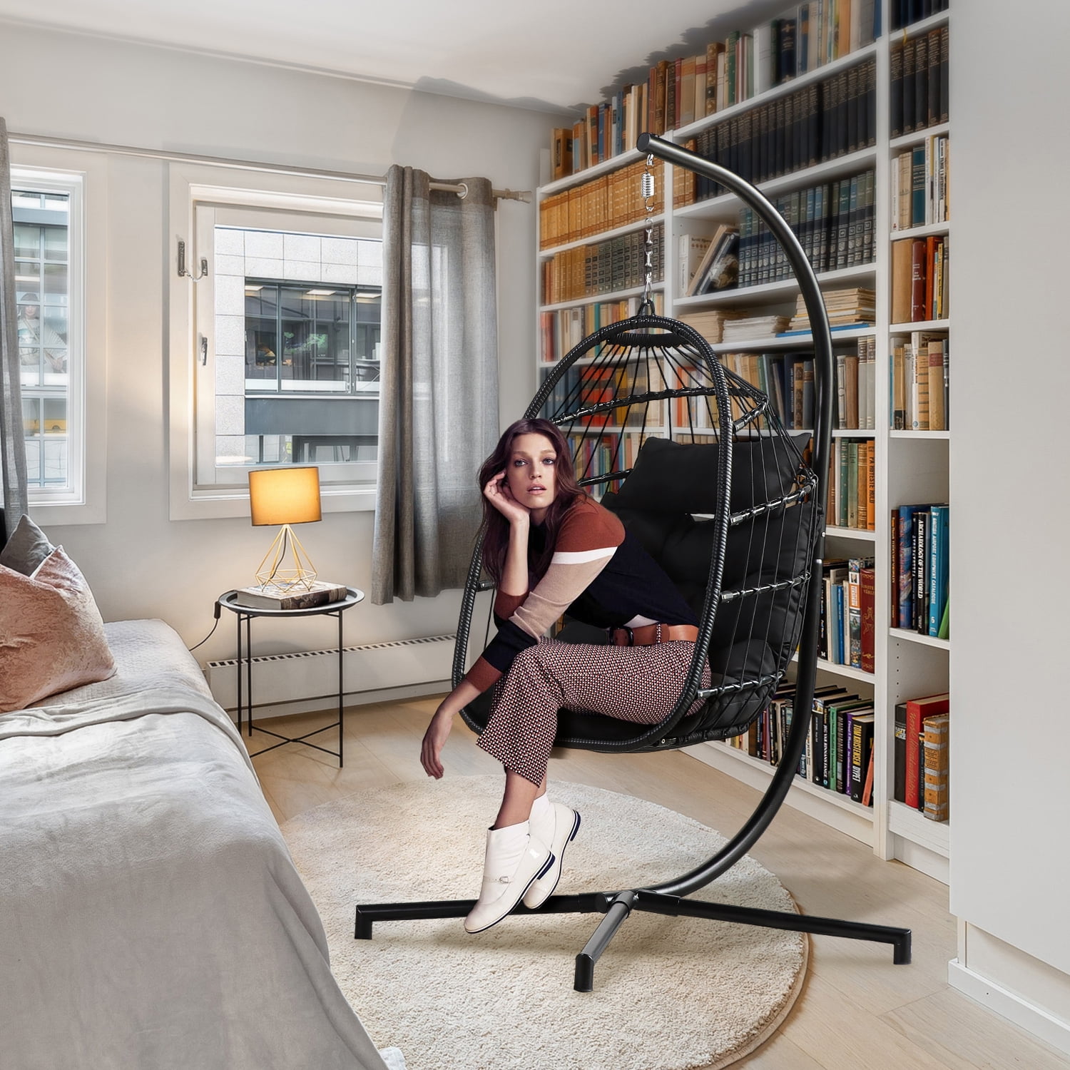 Egg Chair, SYNGAR Swing Chair with Stand, Outdoor PE Wicker Hanging