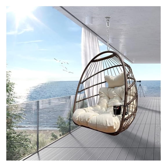 Egg Chair Without Stand Indoor Outside Foldable Wicker Frame UV Resistant Waterproof Cushion Hanging Chairs with Cup Holder 350lbs Capacity Hammock Chairs for Patio Bedroom-