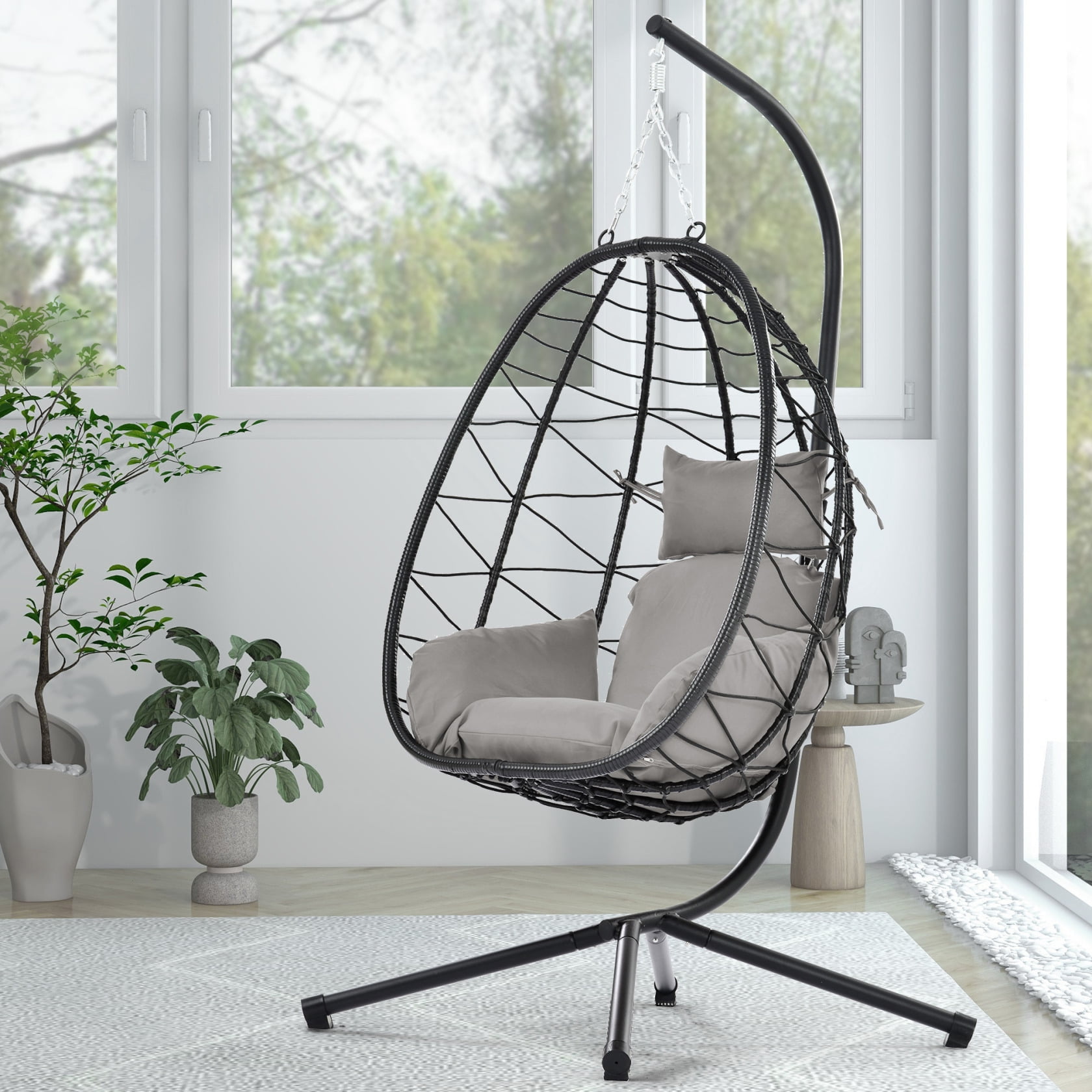 Egg Chair with Stand Basket Hanging Chair with Seat Cushion and Adjustable Height Wicker Swing Chair for Indoor Outdoor 350 LBS Weight Capacity Walmart