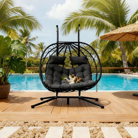 Egg Chair with Stand, Double Hanging Swing Chair for Indoor Outdoor Use, Metal Iron and Polyester Fiber, 700lbs Capacity, with Removable Cushion
