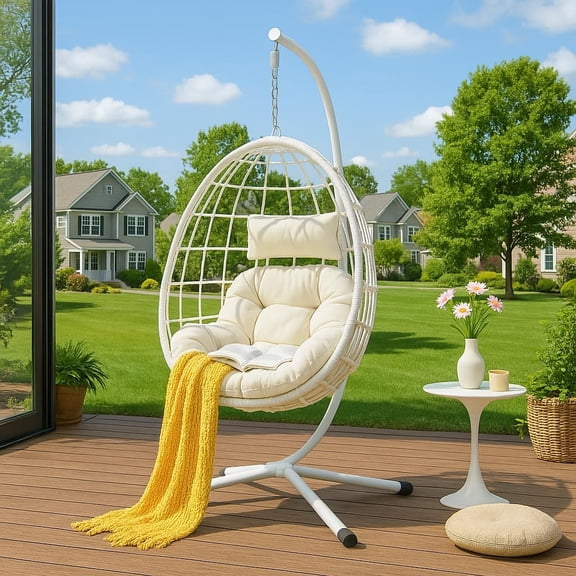 Egg Chair with Stand, Outdoor & Indoor Swing Chair, Comfortable Hanging Egg Chair for Garden, Patio, Balcony, and Living Room (White Egg Chair)