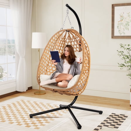 Egg Chair with Stand, Patio Wicker Bifanuo Hanging Chair, Hammock Swing Chair, 350LBS Capacity for Bedroom, Balcony, Garden (YE-BE)