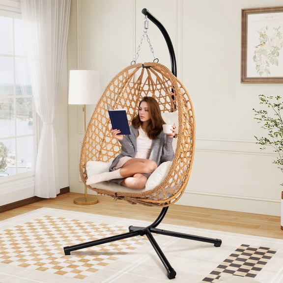 Egg Chair with Stand, Patio Wicker LHBcraft Hanging Chair, Hammock Swing Chair, 350LBS Capacity for Bedroom, Balcony, Garden (YE-BE)