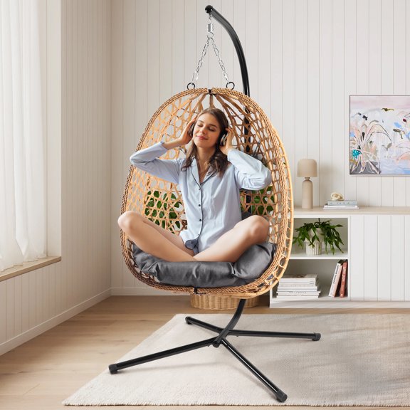 Egg Chair with Stand, Patio Wicker Bifanuo Hanging Chair, Hammock Swing Chair, 350LBS Capacity for Bedroom, Balcony, Garden (YE-GR)
