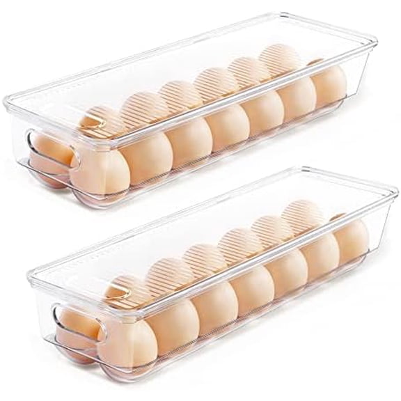 Egg Container Holders for Refrigerator - Clear Stackable Trays for 14 Eggs, Plastic Storage Bins for Fridge Organization (2 Pack)