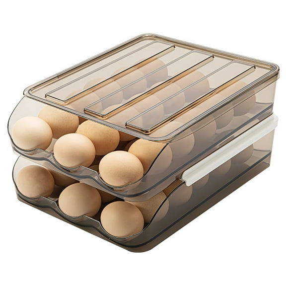 Egg Container With Lid For Refrigerator Auto Rolling Egg Holder Large Capacity Egg Organizer Tray Bins Stackable Fresh Storage Box For Fridge Plastic brown(2 Layers)