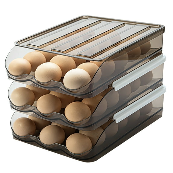 Egg Container With Lid For Refrigerator Auto Rolling Egg Holder Large Capacity Egg Organizer Tray Bins Stackable Fresh Storage Box For Fridge Plastic brown(3 Layers)