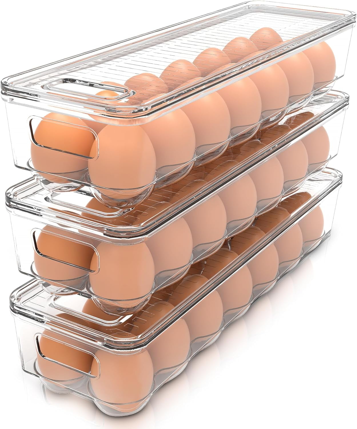 Egg Container With Lid and Handle for Refrigerator Organization- Pack of 2 - Clear Stackable Egg Holder for Kitchen or Pantry Organizers and Storage
