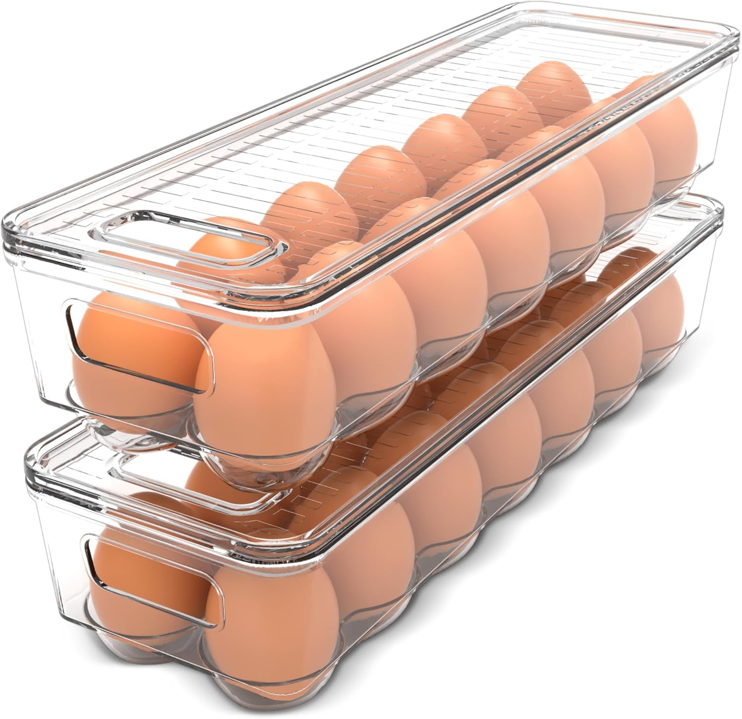 Egg Container With Lid and Handle for Refrigerator Organization- Pack of 2 - Clear Stackable Egg Holder for Kitchen or Pantry Organizers and Storage