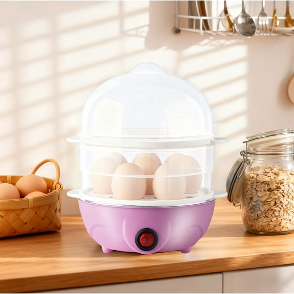 Egg Cooker Mini, Stainless Steel Double Layer Breakfast Maker, Fast Boiled Eggs Appliance, Design, Automatic Shut-Off, Black, Blue