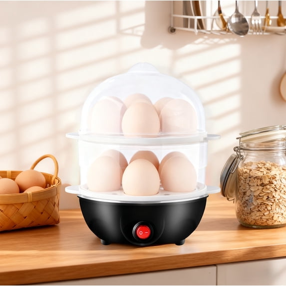 Egg Cooker Mini Stainless Steel, Double Layer Electric Breakfast Maker for Soft Hard Boiled Eggs Fast and Efficient Cooking, Compact Space-Saving Appliance for Home Kitchen Dorm Office